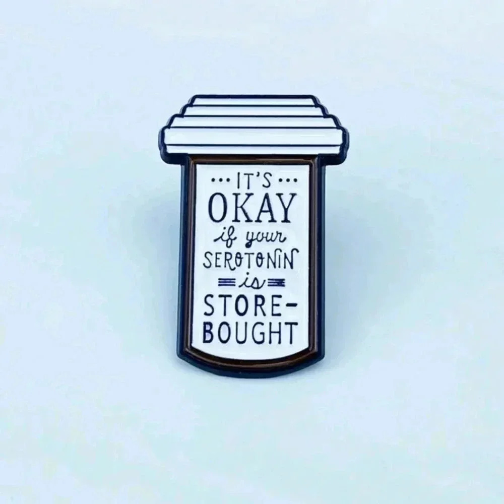 It's ok black white pill bottle enamel pin brooch charm purse bag decor satchel